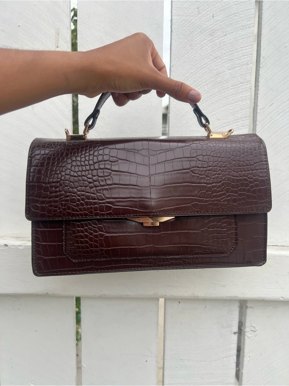 Zara Croc-Embossed Top-Handle Bag Oxblood/Burgundy/Chocolate Brown